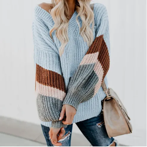 V-neck Lantern Sleeve Stripe Colorblock Sweater