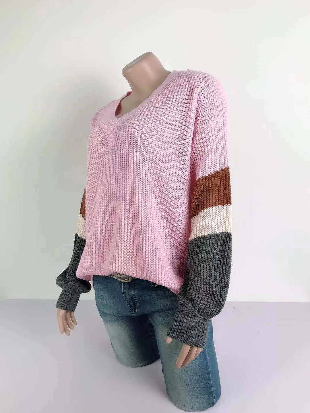 V-neck Lantern Sleeve Stripe Colorblock Sweater