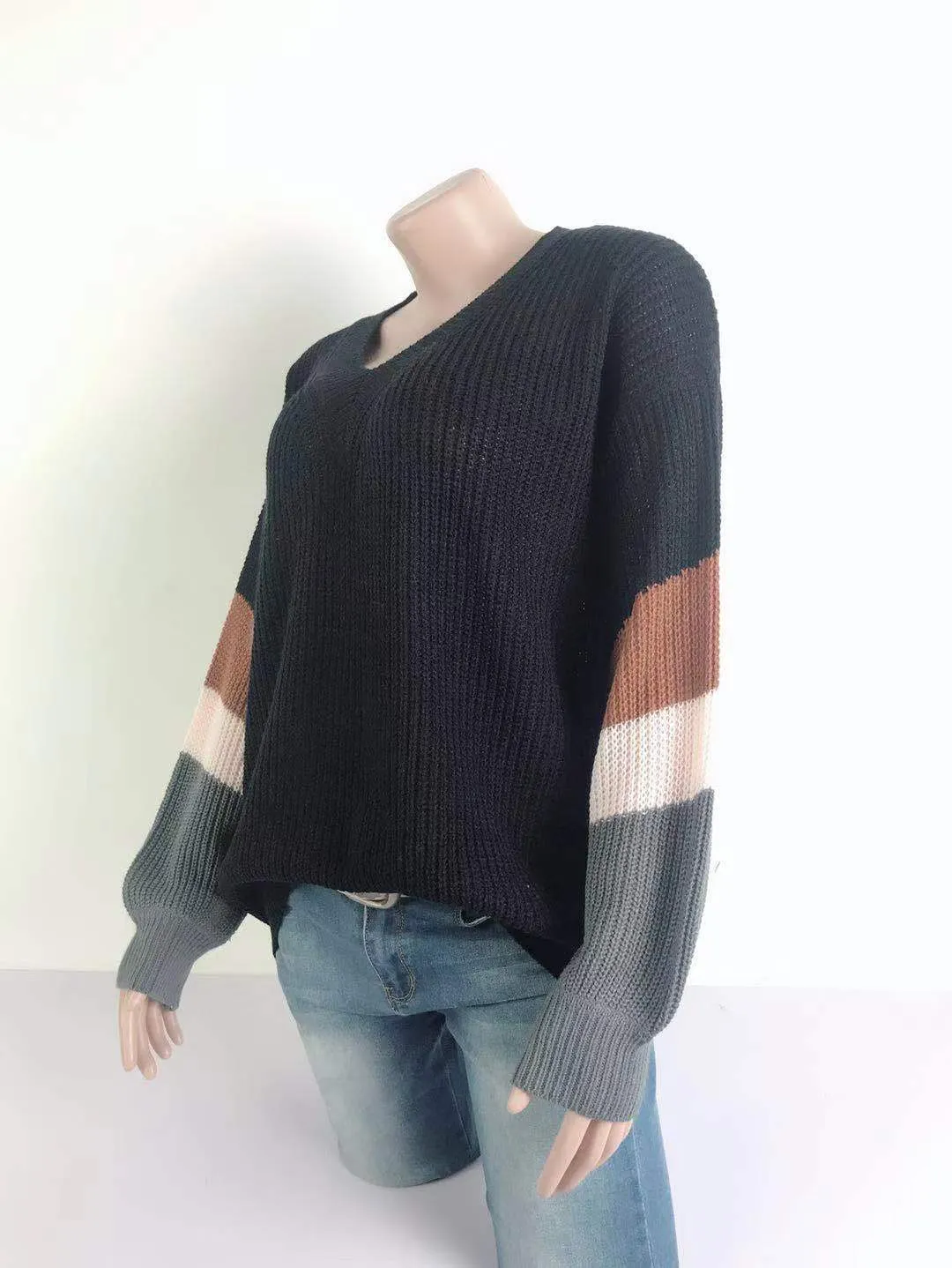 V-neck Lantern Sleeve Stripe Colorblock Sweater