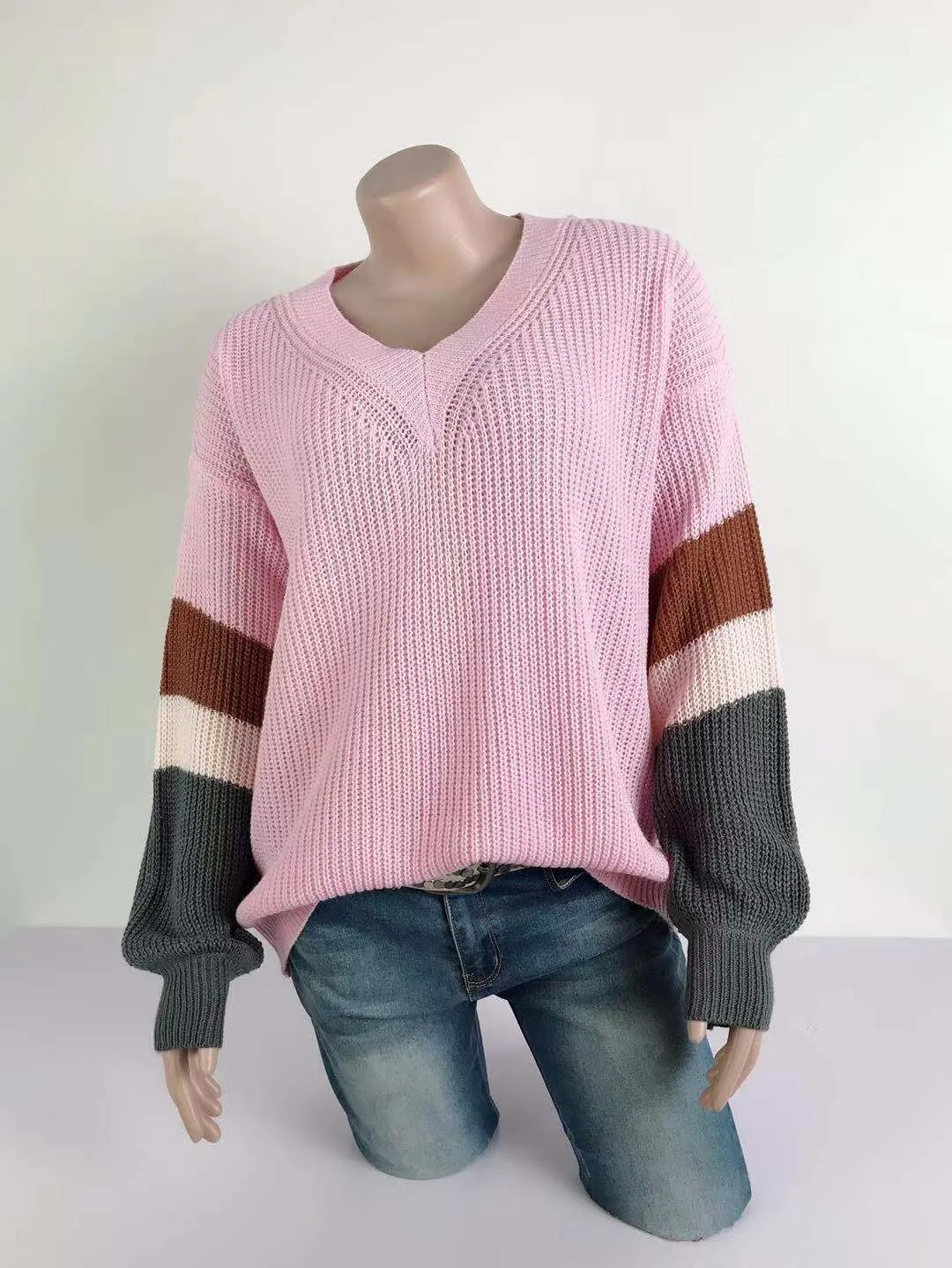 V-neck Lantern Sleeve Stripe Colorblock Sweater