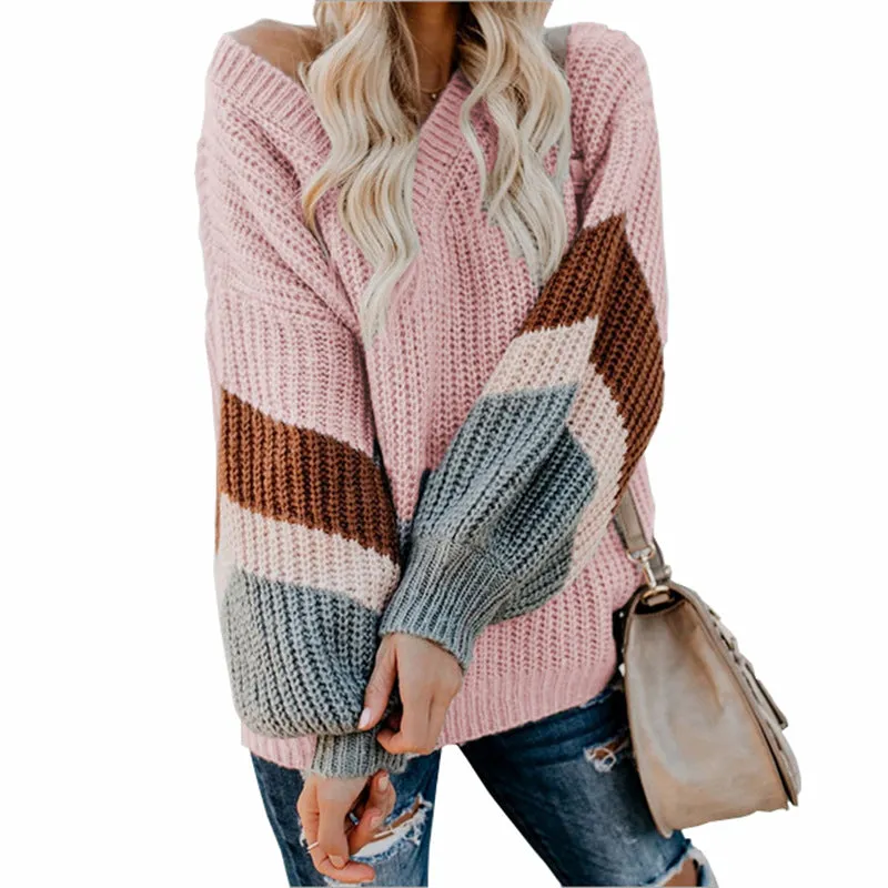 V-neck Lantern Sleeve Stripe Colorblock Sweater