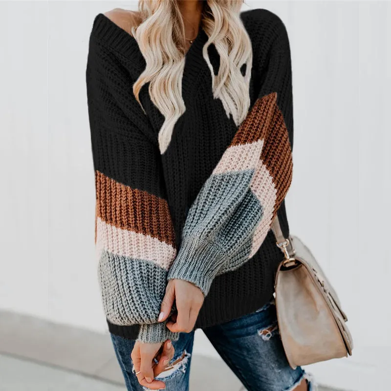 V-neck Lantern Sleeve Stripe Colorblock Sweater