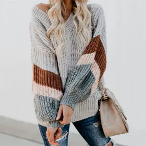 V-neck Lantern Sleeve Stripe Colorblock Sweater