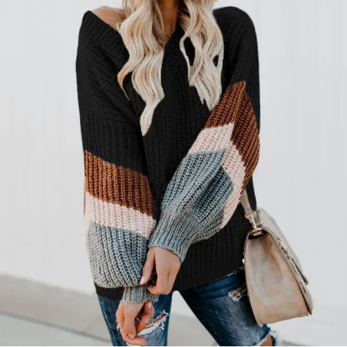 V-neck Lantern Sleeve Stripe Colorblock Sweater