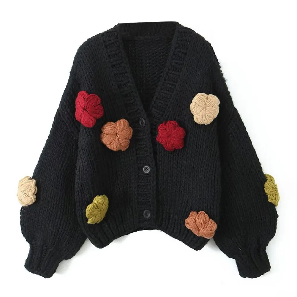 Vintage 3D Flower Button Up Crochet Hand Knit Oversize Chunky Yarn Cardigan