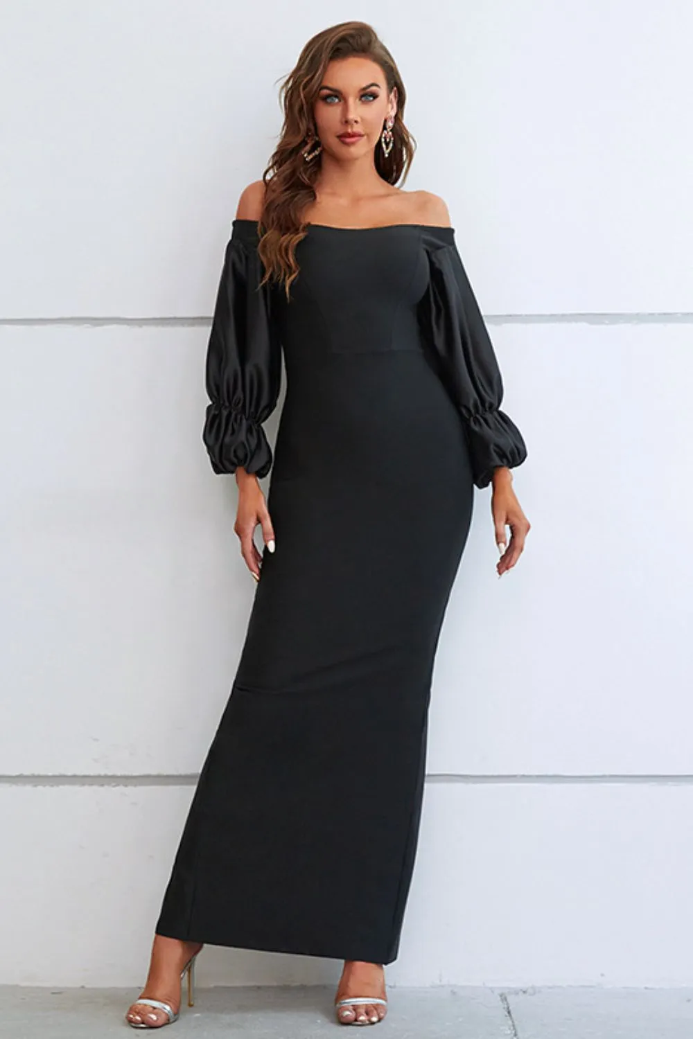 Wedding Guests / Off-Shoulder Bubble Sleeve Slit Dress