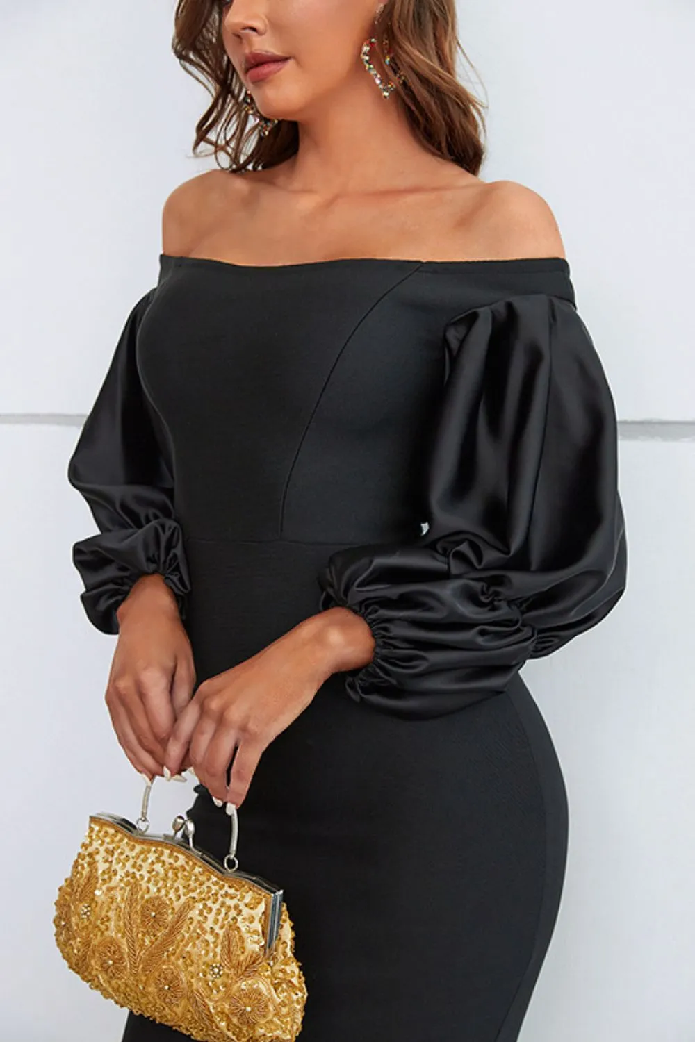 Wedding Guests / Off-Shoulder Bubble Sleeve Slit Dress