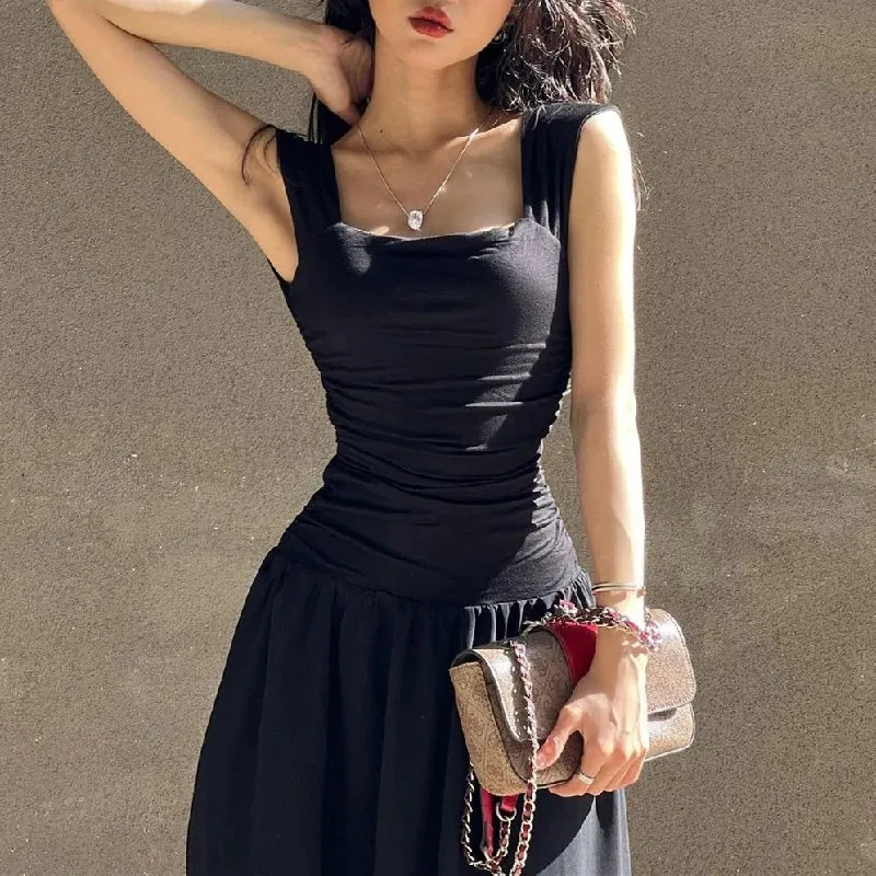 Women Summer Party Long Dress Sexy Ruched Bodycon Black Maxi Dresses