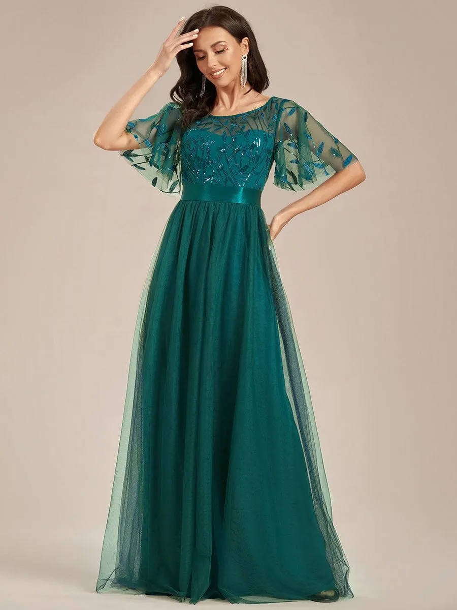 Women's A-Line Sequin Leaf Maxi Prom Dress with Sleeves